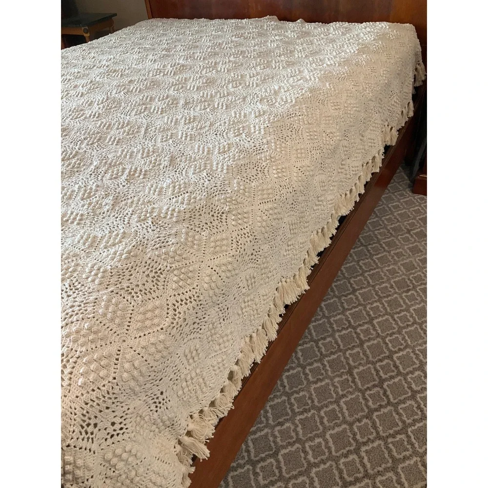 Antique Handmade Crochet Bedspread Cover Popcorn Star Motif Cottagecore Heirloom